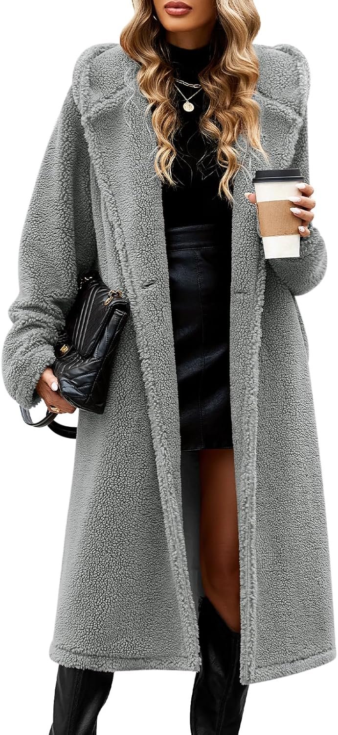 Women Winter Fuzzy Fleece Lapel Coats Long Cardigan Fluffy Hooded Jackets Faux Fur Warm Overcoats with Pockets Button