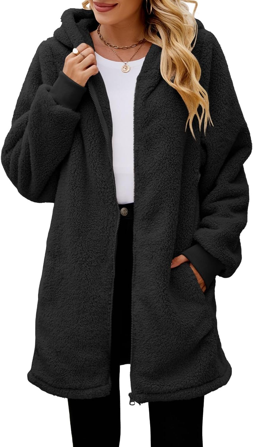Womens Fleece Zip Up Jacket with Pockets Oversized Long Hoodie Fuzzy Jackets Warm Teddy Coat