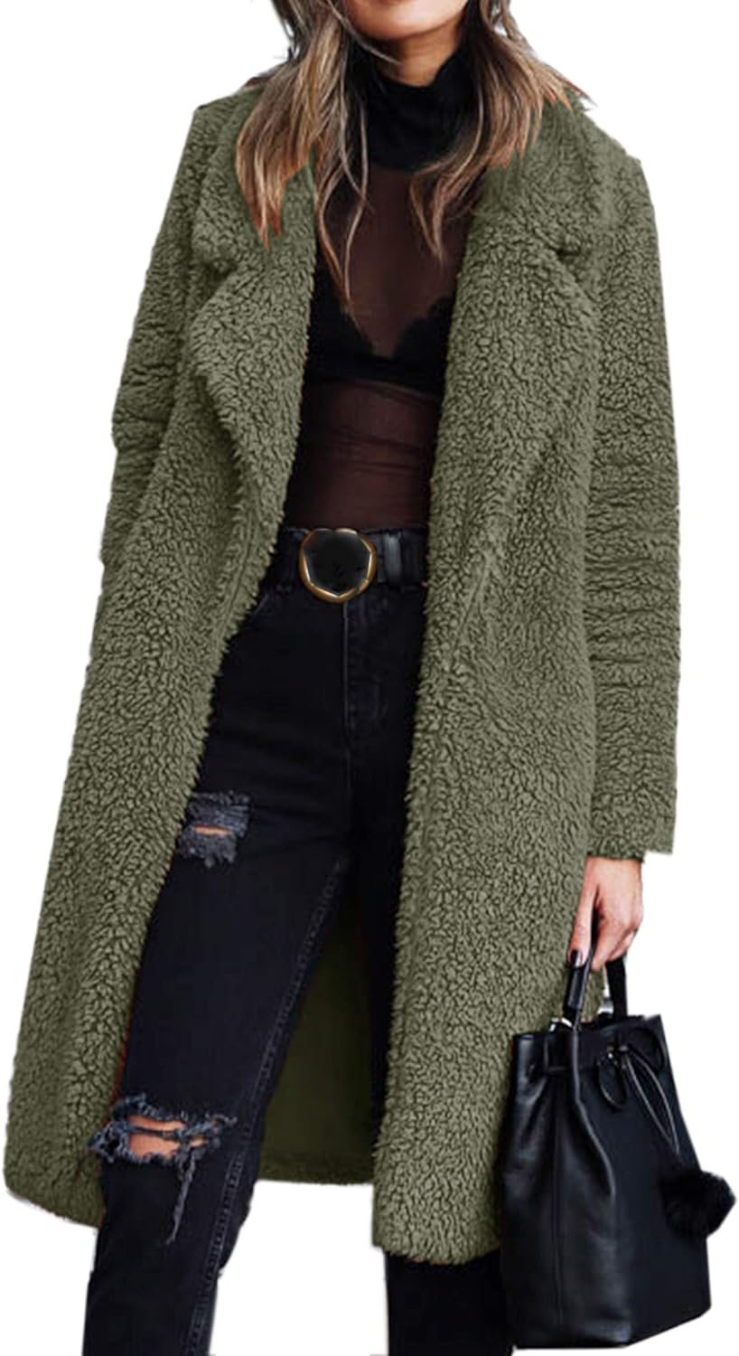 Women's Fuzzy Fleece Lapel Open Front Long Cardigan Coat Faux Fur Warm Winter Outwear Jackets
