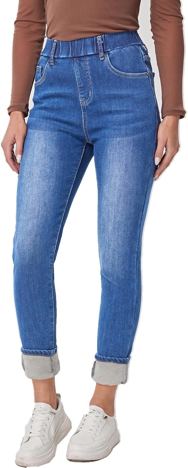 Women's Winter Jeans High Waist Pull on Fleece Lined Thicken Elastic Waist Jeans
