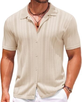 Mens Knit Button Down Shirts Crochet Polo Shirts Vintage Short Sleeve Textured Shirts Summer Beach Tops