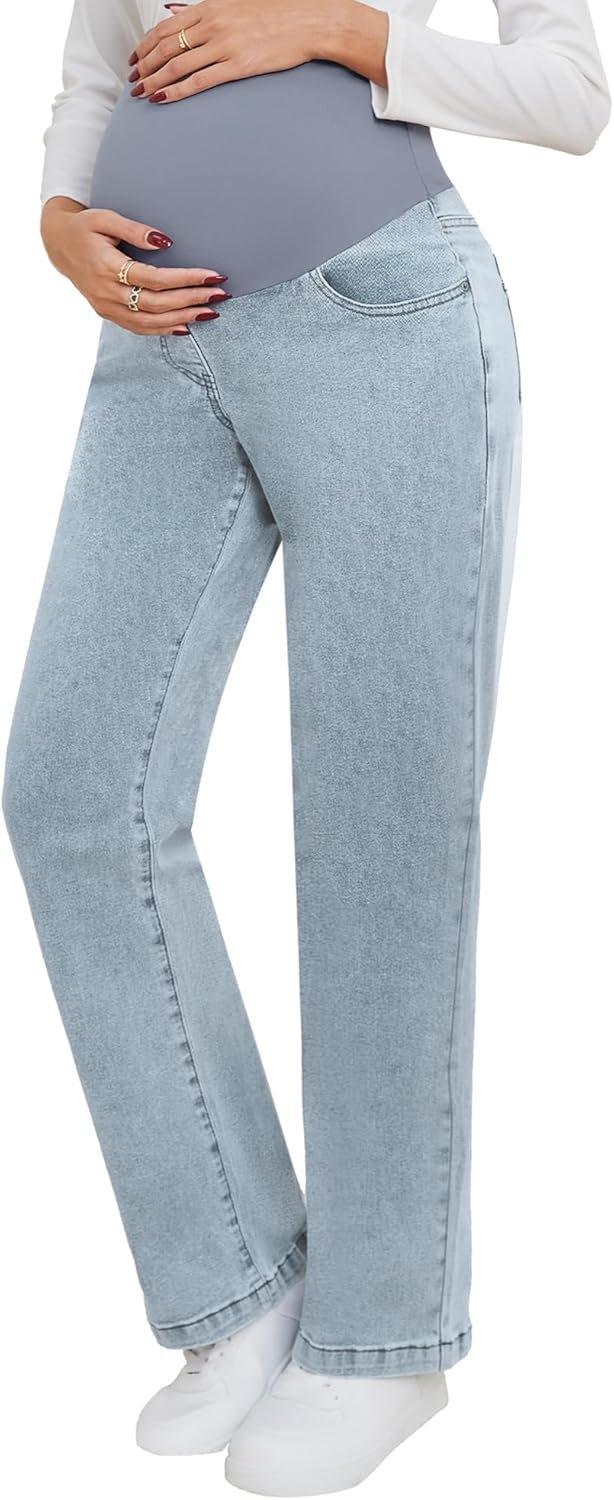 Women's Maternity Jeans Straight Leg Relaxed Fit Over Belly Pregnancy Denim Work Pants Maternity Clothes with Pockets