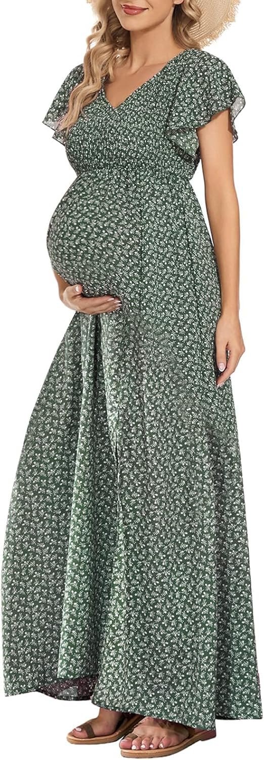 Floral Print V Neck Maternity Dress Boho Baby Shower Photoshoot Smocked Flutter Sleeve Split A Line Dress