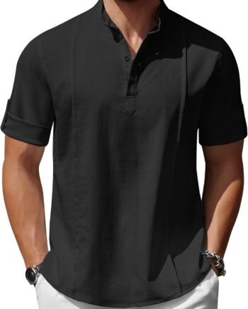 Men's Henley T-Shirts Short Sleeve Casual Button Henley Shirts Band Collar Tee Summer Beach Hippie Shirts