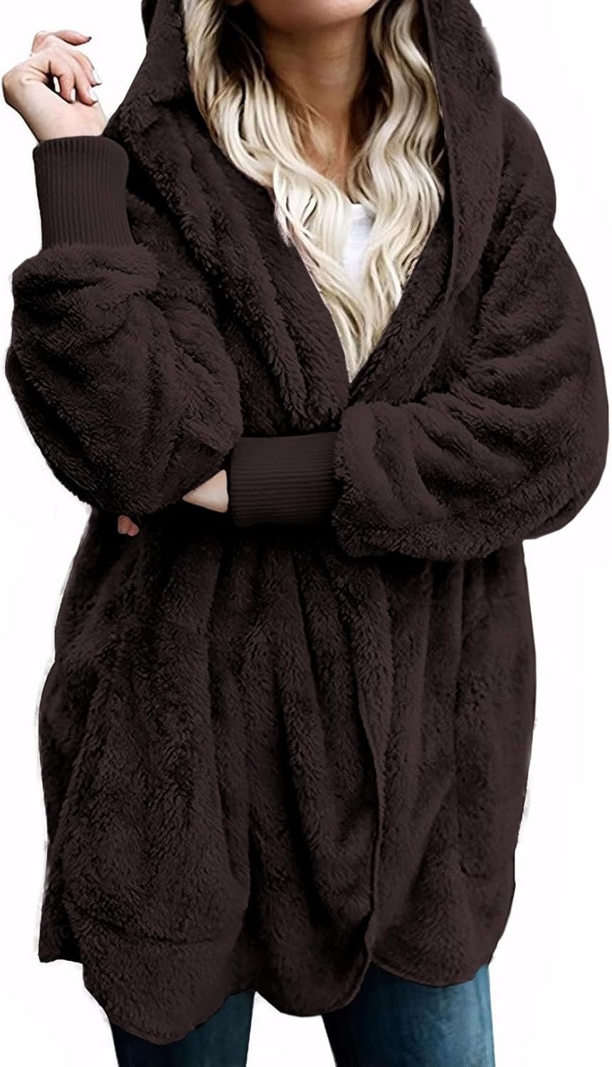 Women Hooded Cardigan Fuzzy Jacket Winter Open Front Fleece Coat Outwear with Pockets