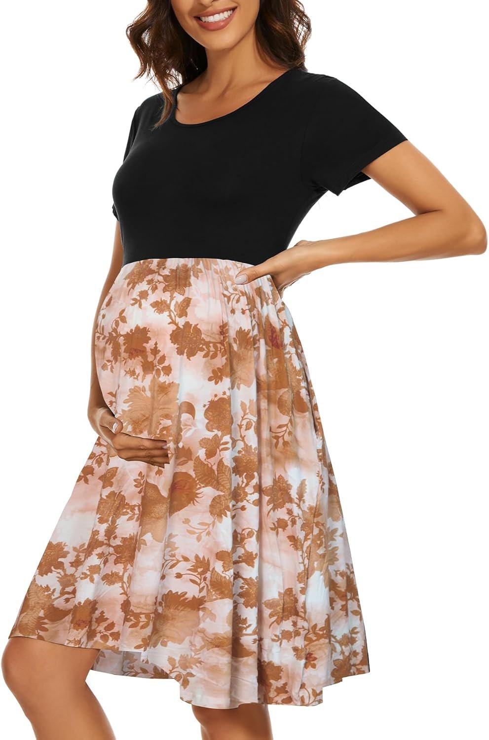 Women's Short Sleeve Maternity Dress Patchwork Pregnancy Clothes with Pockets
