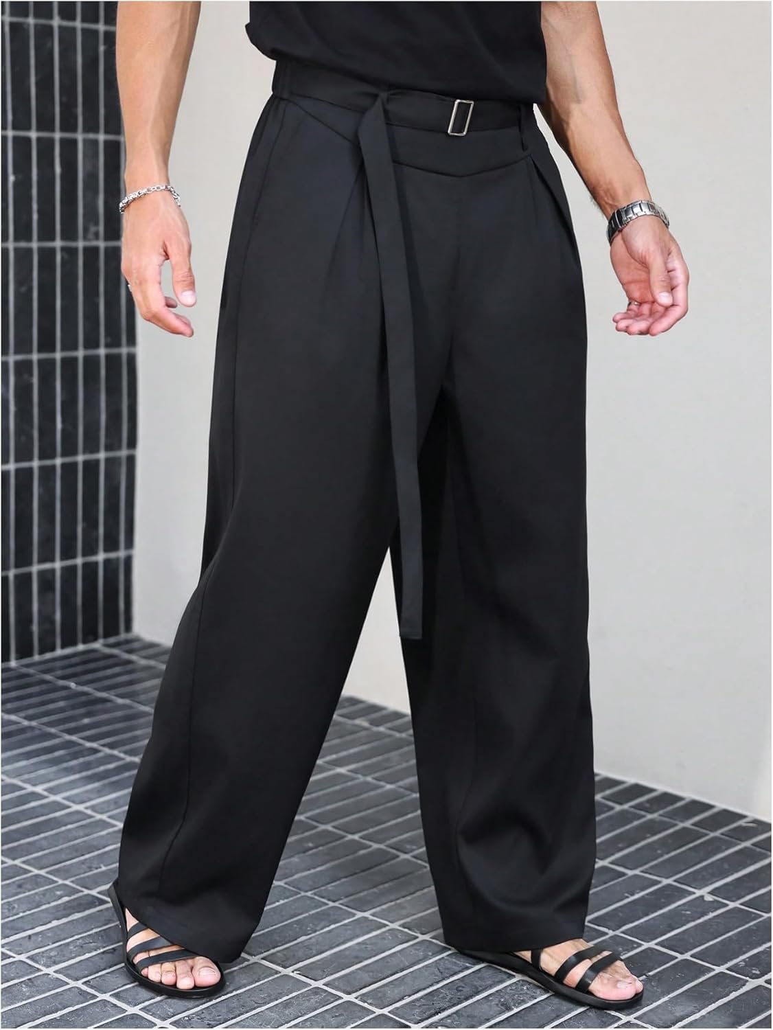 Men's Baggy Dress Pants Wide Leg Pleated Trousers Belted Chino Pants with Pockets