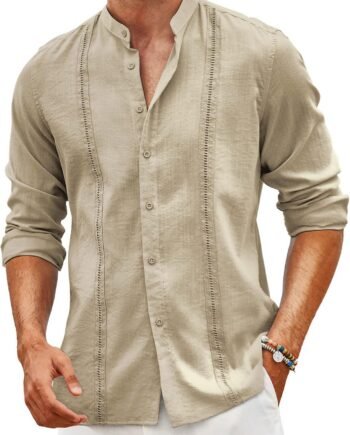 Men's Cuban Guayabera Shirts Casual Long Sleeve Button Down Shirts Band Collar Linen Summer Beach Shirts