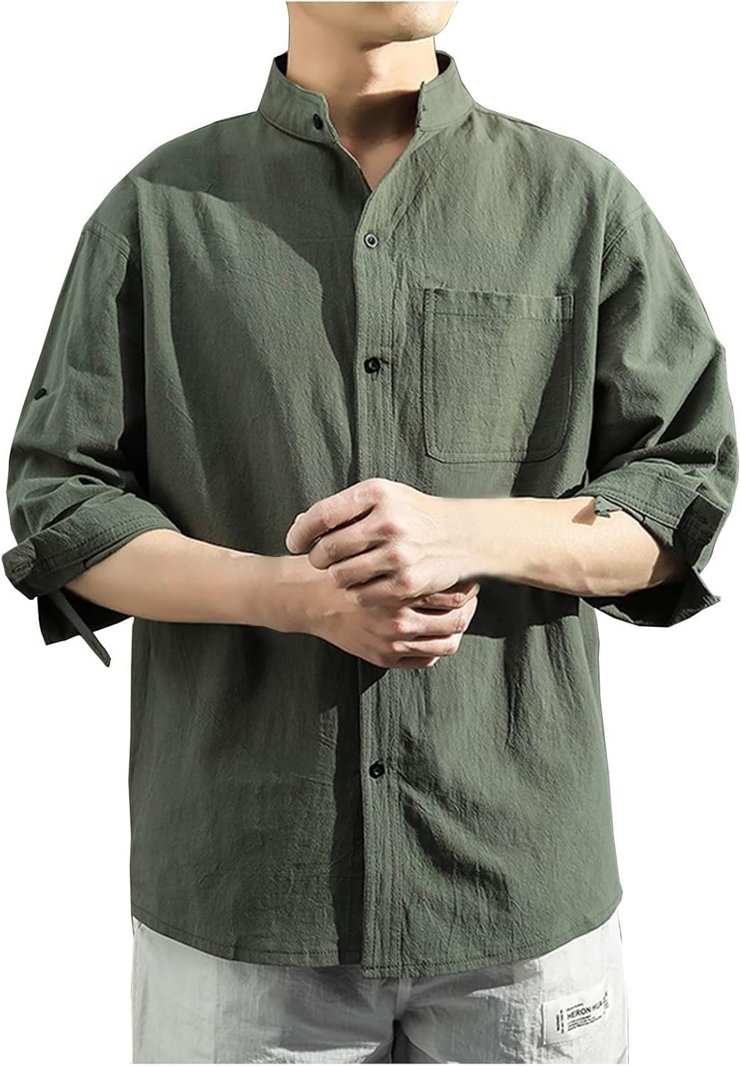 Mens Shirts,3/4 Sleeve Cotton Linen Shirts Japanese Style Casual Stand Collar Button Down T Shirts Pocket Tops