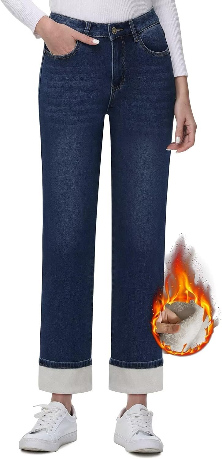 Women's Fleece Lined Jeans Women Straight Leg Winter Fleece Lined Pants High Waist Lined Jeans Heated Denim Pants