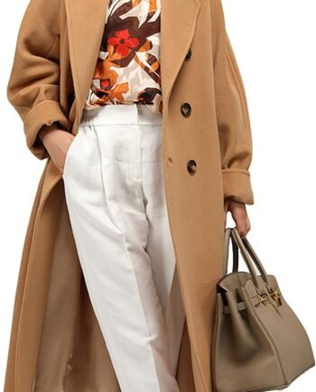 Women Wool Blend Pea Coat Camel Notched Collar Double Breasted Outerwear Jacket