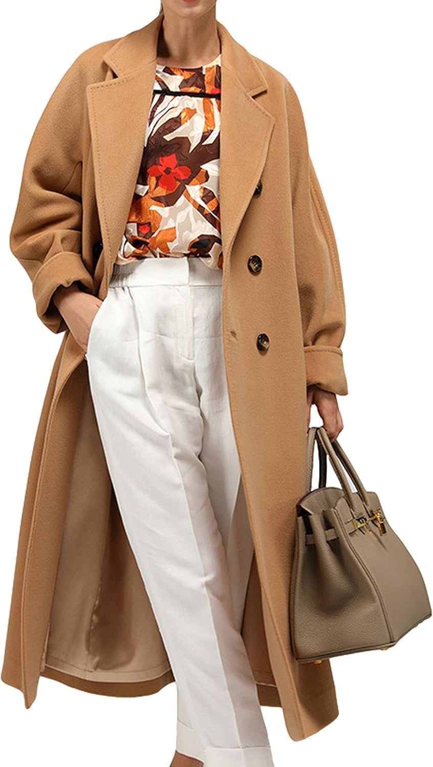 Women Wool Blend Pea Coat Camel Notched Collar Double Breasted Outerwear Jacket