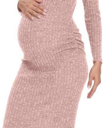 V Neck Side Ruch Knit Ribbed Maternity Bodycon Dress，Maternity Dress for Baby Shower