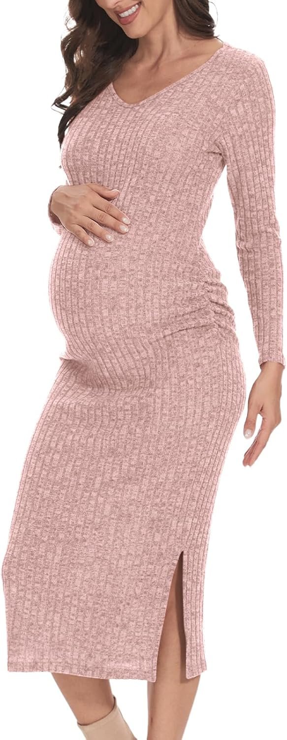 V Neck Side Ruch Knit Ribbed Maternity Bodycon Dress,Maternity Dress for Baby Shower