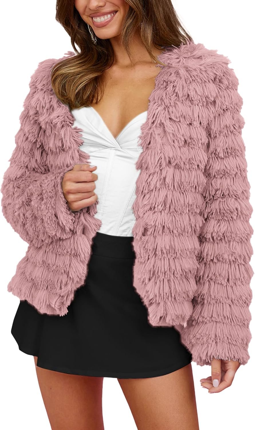 Womens Winter Coats Fashion Faux Fur Long Sleeve Fleece Shaggy Lightweight Fall Cropped Jacket Outerwear