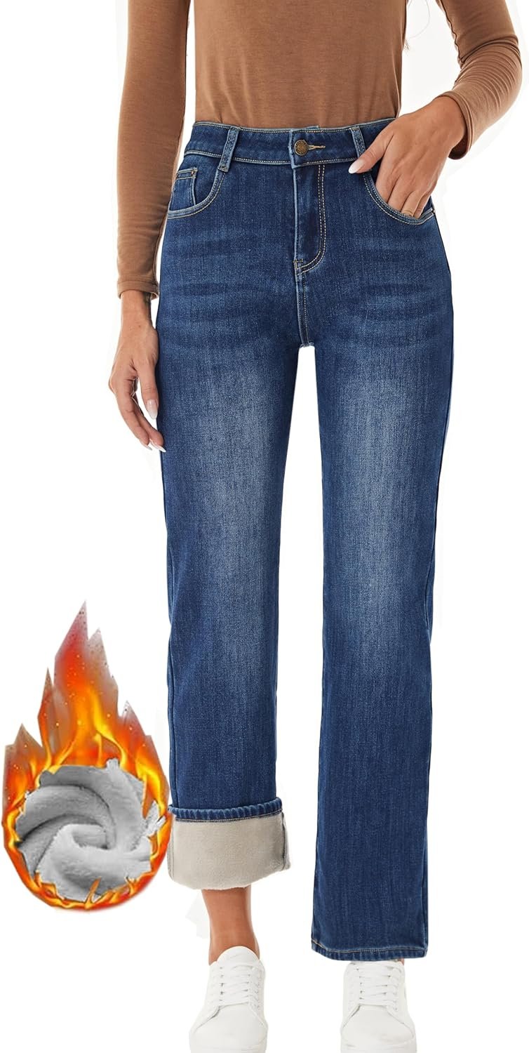 Women's Fleece Lined Jeans Winter Thermal Straight Leg Flannel Warm Denim Jean