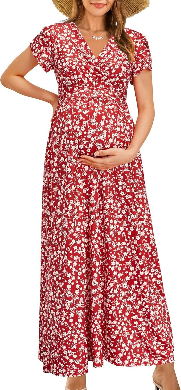 Maternity Maxi Dress Wrap V Neck Baby Shower Pregnancy Dresses for Photoshoot