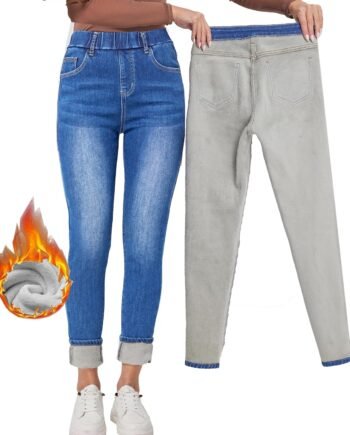 Women's Winter Jeans High Waist Pull on Fleece Lined Thicken Elastic Waist Jeans