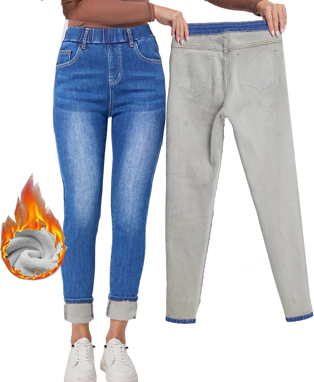 Women's Winter Jeans High Waist Pull on Fleece Lined Thicken Elastic Waist Jeans