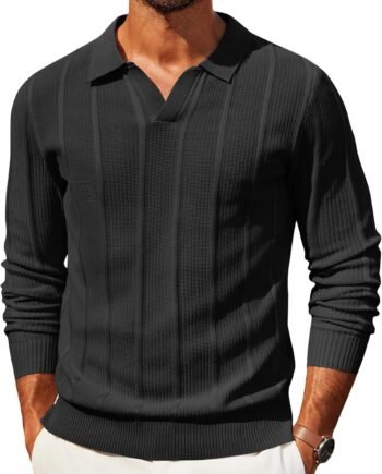 Mens Knit Long Sleeve Polo Sweaters Casual Polo Collared Sweater V-Neck Textured Pullover