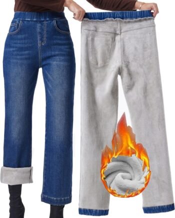 Women's Fleece Lined Jeans High Waisted Wide Leg Jeans Winter Flannel Fleece Lined Jean