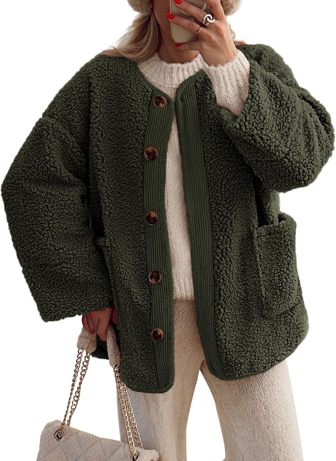 Women's Warm Winter Coats Casual Long Sleeve Button up Fuzzy Fleece Jackets Outerwear