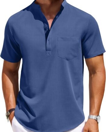 Mens Casual Henley Shirts Band Collar Short Sleeve T-Shirts Summer Stylish Beach Hippie Shirt