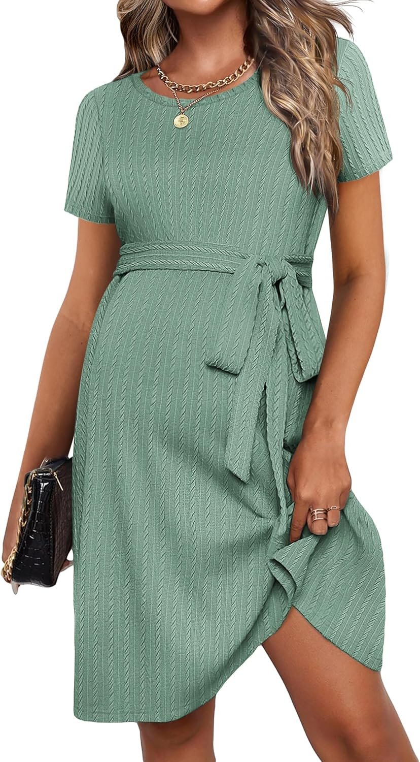 Women's Maternity Dress Short Sleeve Casual Pregnancy Dresses Rib Knit Crewneck Pregnant Clothes with Belt