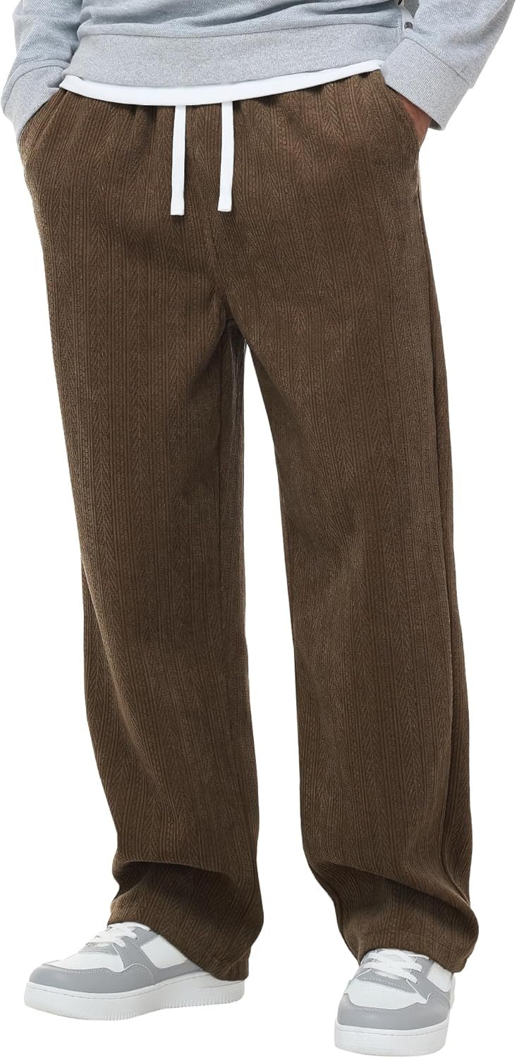 Mens Fashion Casual Elastic Waist Drawstring Baggy Pants Loose Fit Wide Leg Straight Sweatpants