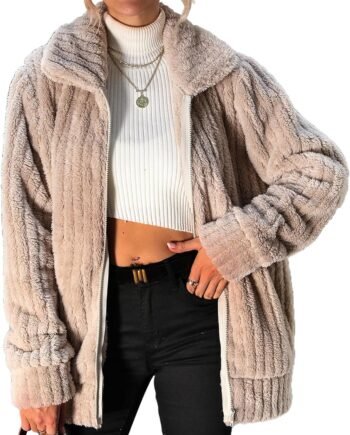 Women's Fleece Jacket Women Full Zip Long Sleeve Lapel Collar  Coat Outerwear with Pockets (S-5XL)