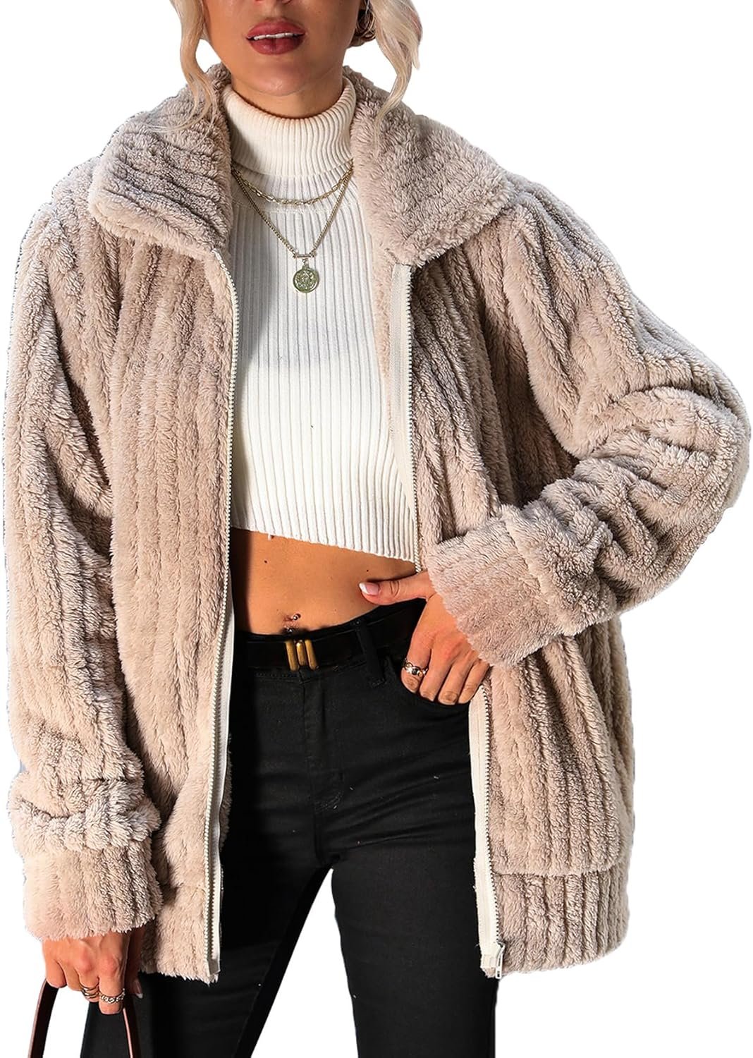 Women's Fleece Jacket Women Full Zip Long Sleeve Lapel Collar Coat Outerwear with Pockets (S-5XL)