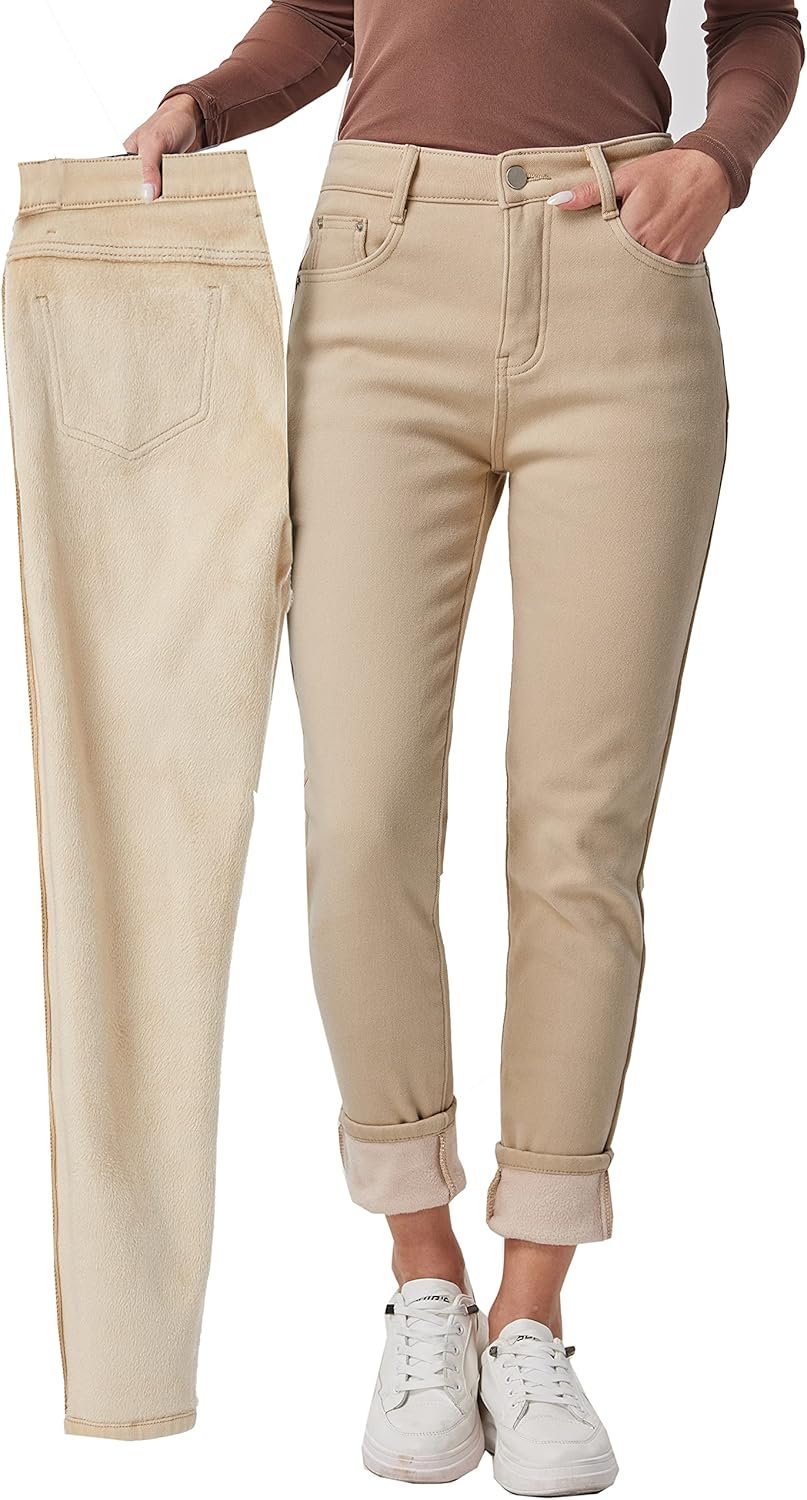 Women's Fleece Lined Jeans Winter Flannel Lined Jeans Thermal Denim Warm Jeans