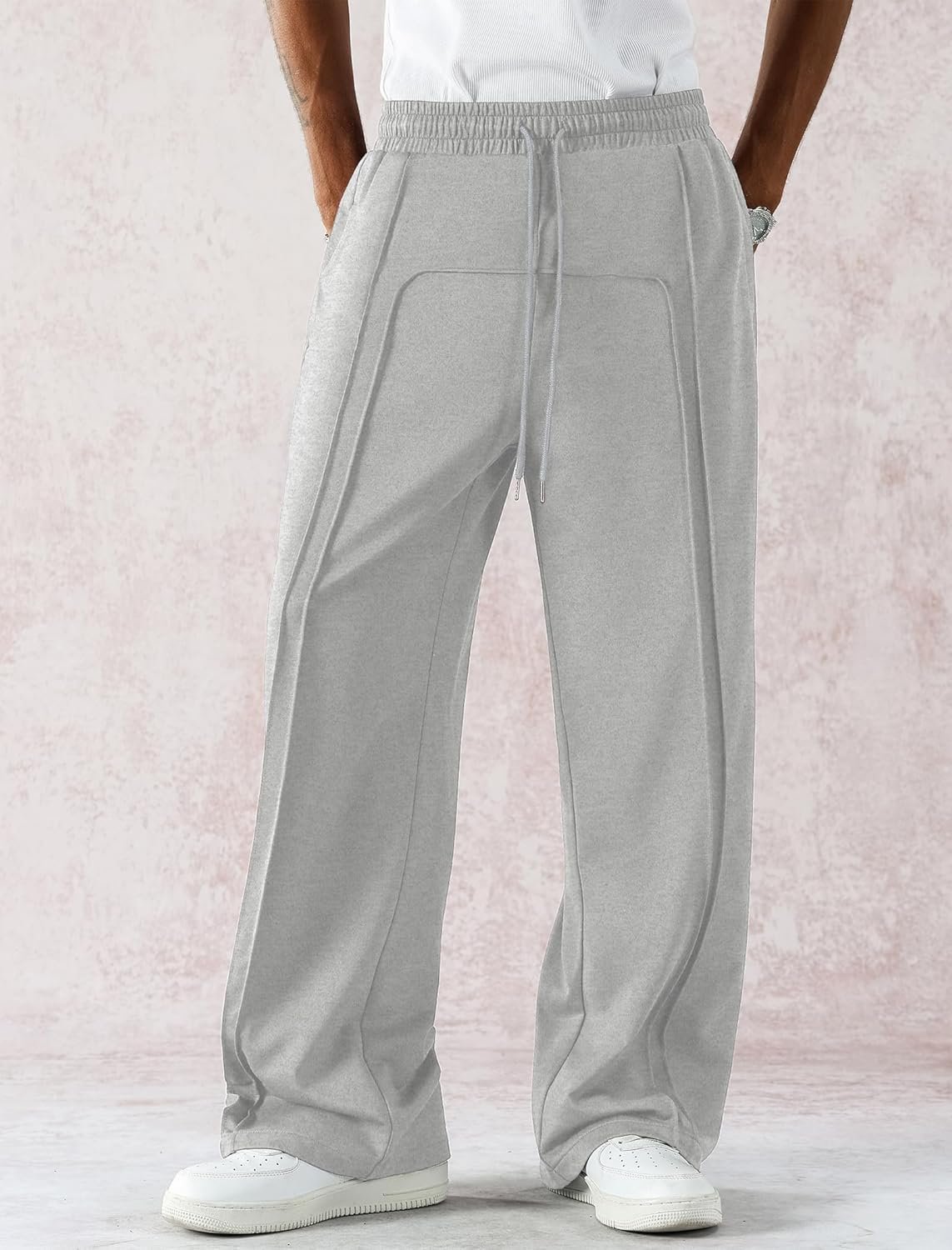 Mens Wide Leg Sweatpants Casual Straight Baggy Drawstring Loose Fit Sweats Basic Workout Track Pants with Pockets