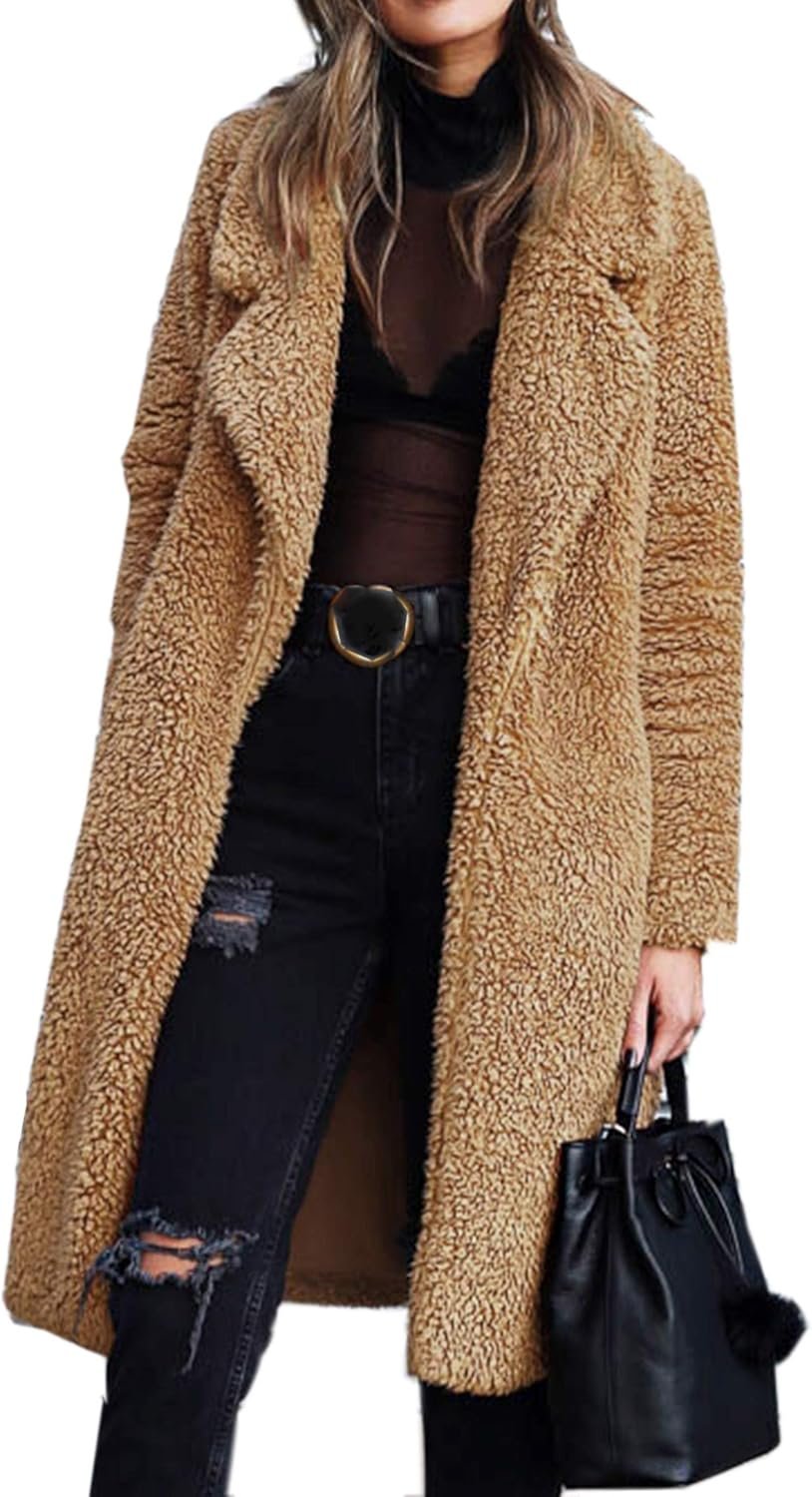 Women's Fuzzy Fleece Lapel Open Front Long Cardigan Coat Faux Fur Warm Winter Outwear Jackets