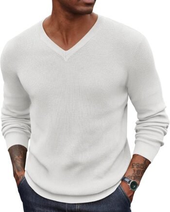 Men V Neck Dress Sweater Knit Long Sleeve Casual Slim Fit Pullover Sweater