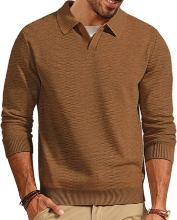 Mens Sweater Long Sleeve V Neck Pullover Sweater Knitted Textured Sweater