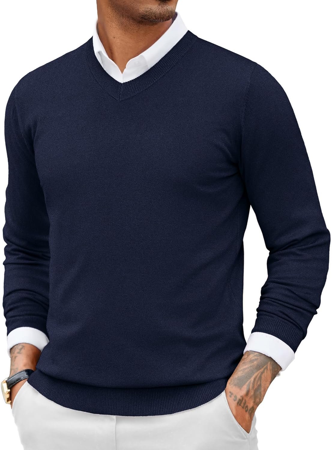 Men Casual V Neck Sweater Ribbed Knit Slim Fit Long Sleeve Pullover Top