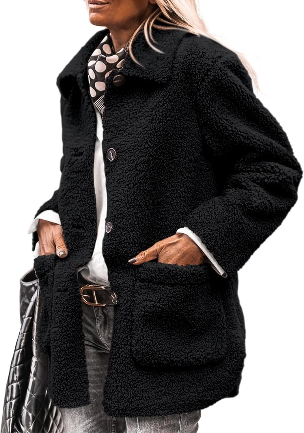 Women's Winter Faux Fur Coats Long Sleeve Lapel Button Down Pockets Fleece Jacket Casual Trendy Outerwear