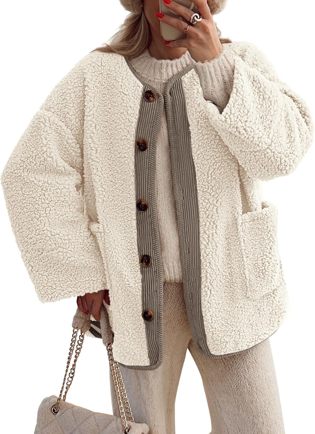 Women's Warm Winter Coats Casual Long Sleeve Button up Fuzzy Fleece Jackets Outerwear