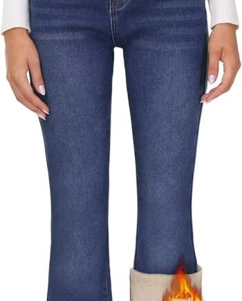 Women's Flare Fleece Lined Jeans Thermal Fleece High Waisted Bell Bottom Jeans Winter Warm Fleece Pants