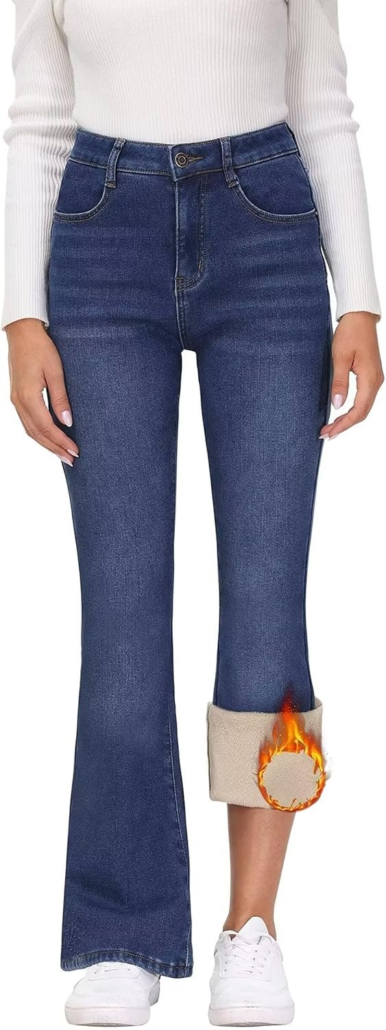 Women's Flare Fleece Lined Jeans Thermal Fleece High Waisted Bell Bottom Jeans Winter Warm Fleece Pants