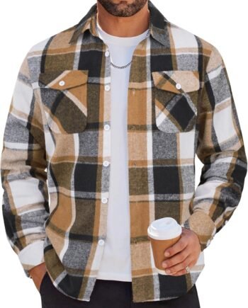 Men Flannel Shirt Casual Button Down Shirt Jacket Long Sleeve Plaid Shirts with Pockets