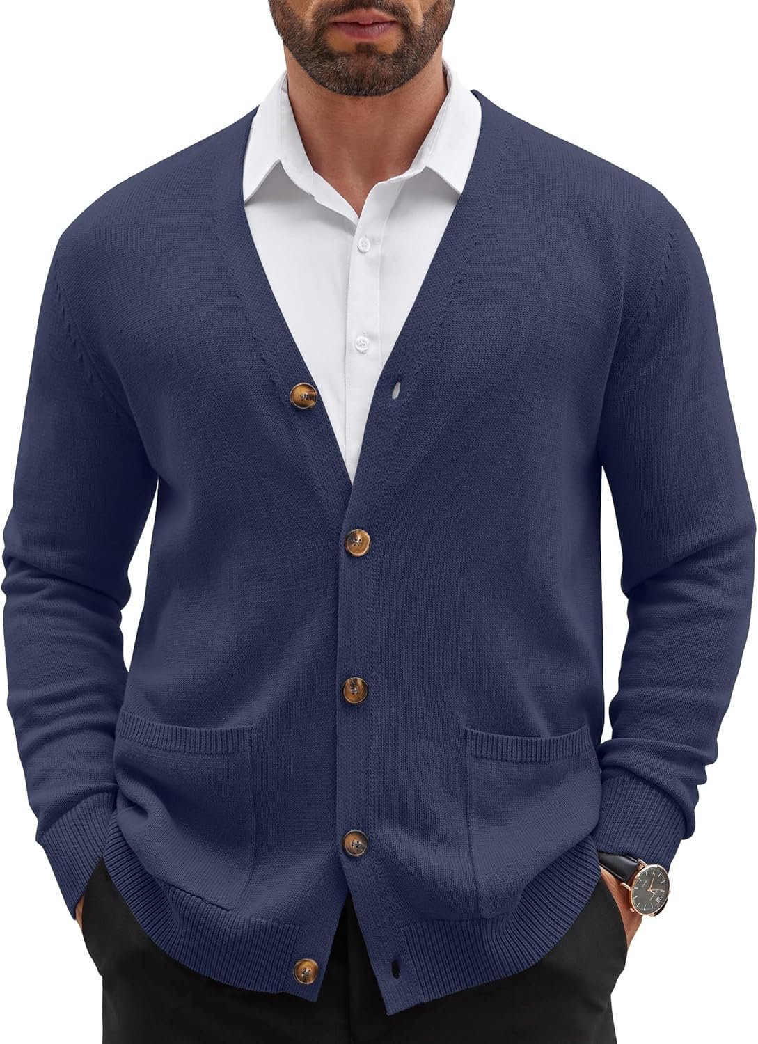 Men's Cardigan Sweater Long Sleeve Casual V Neck Button Down Knitted Sweater with Pockets