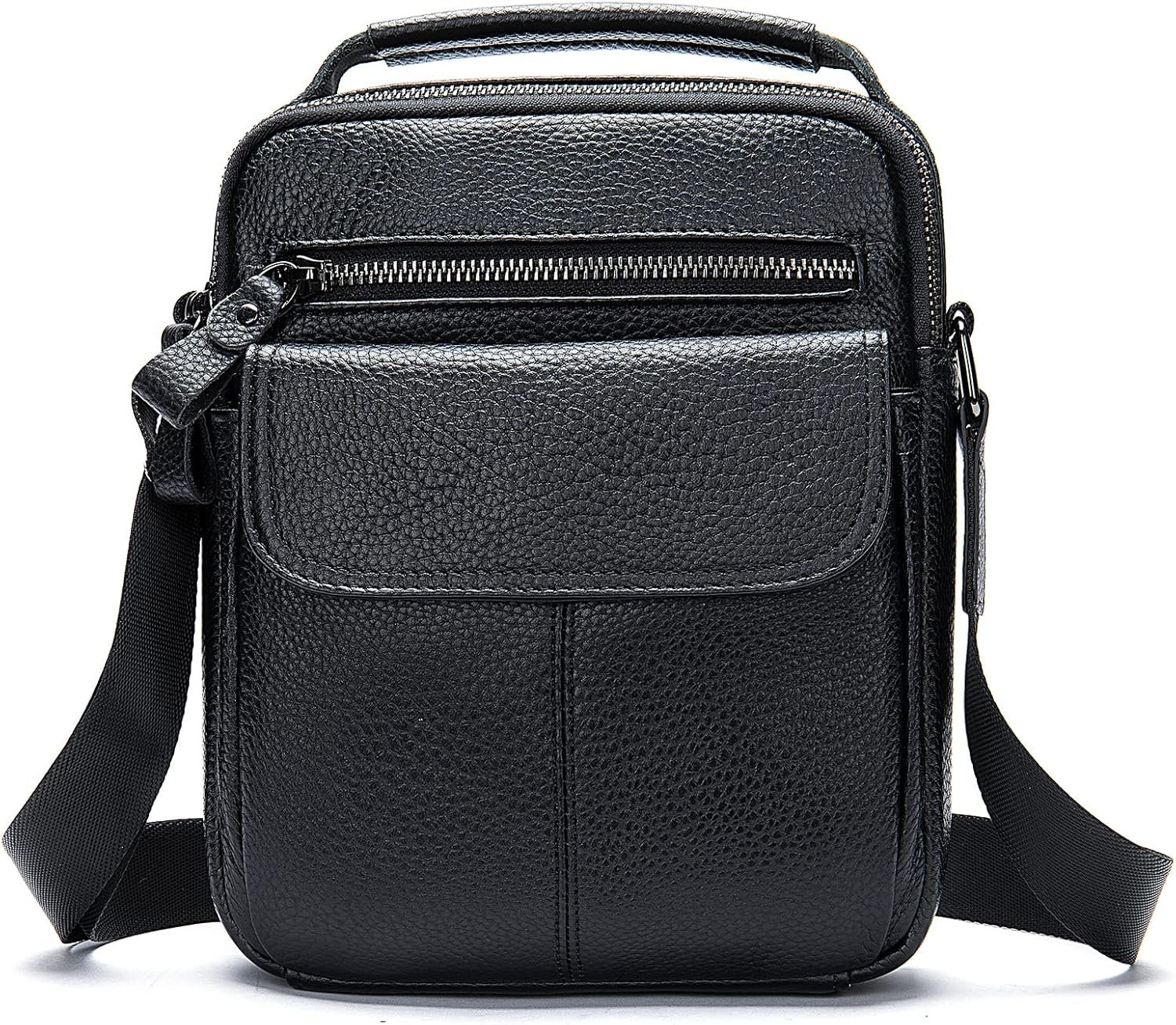 Man Purses and Bags Small, Mini Genuine Leather Messenger and Shoulder Bag for Men with lots of Zipper Pockets