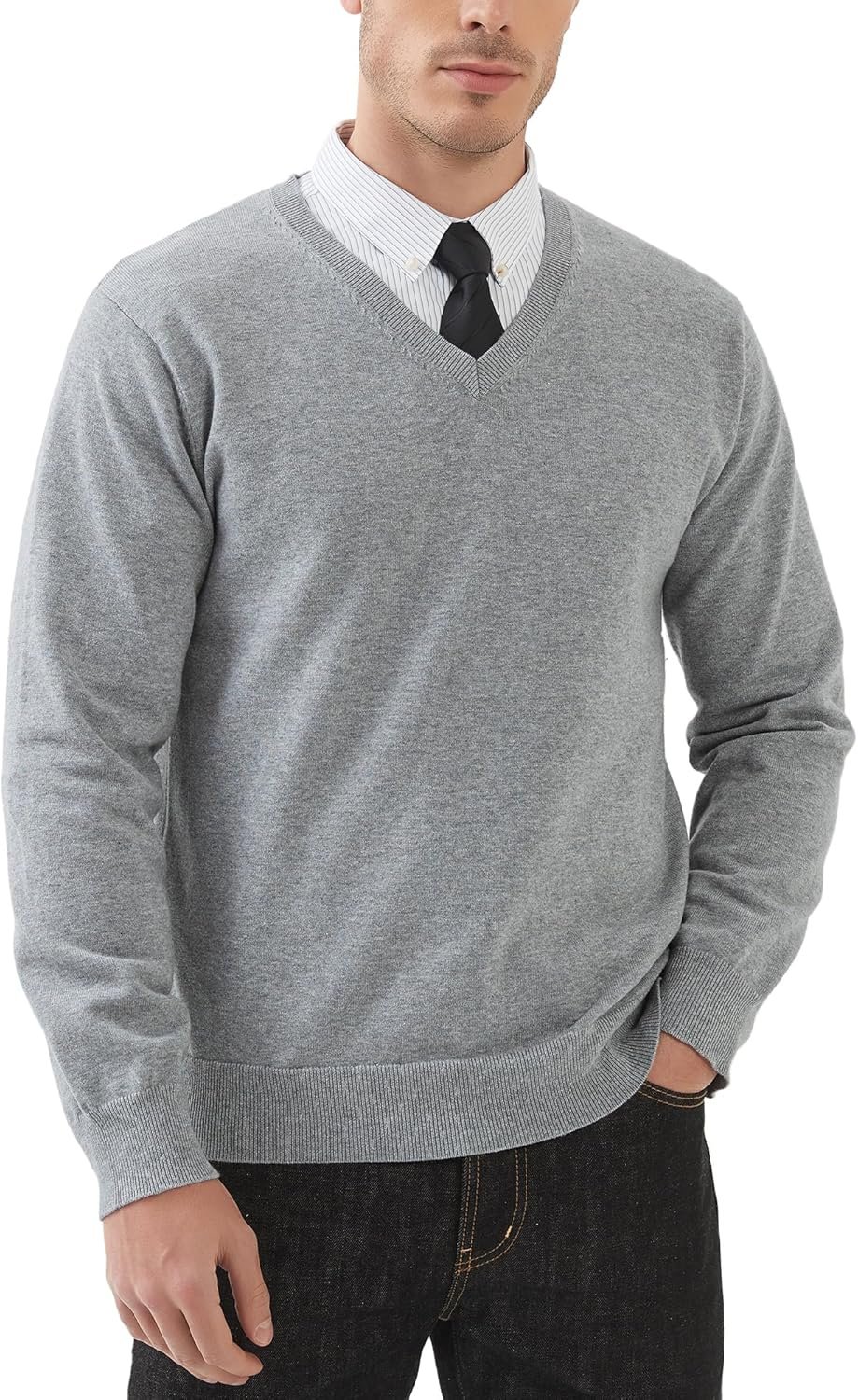 Men's V Neck Sweater Pullover Regular Fit Pure Cotton Long Sleeve Lightweight Knit Casual Smart Layering