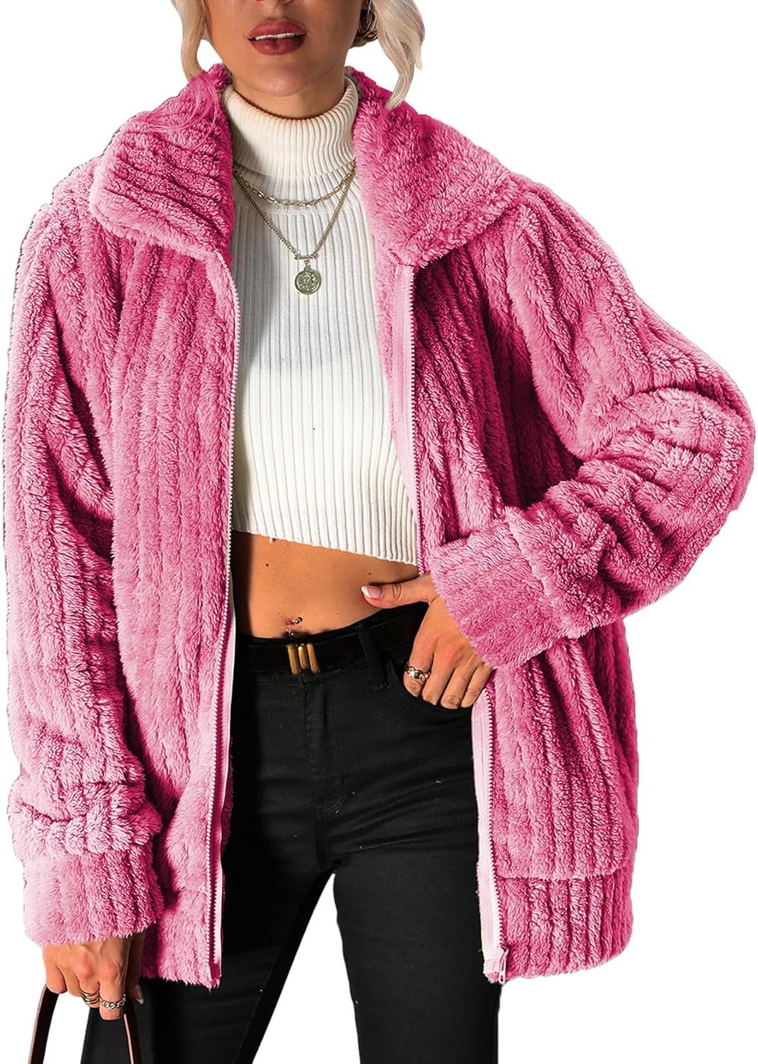 Women's Fleece Jacket Women Full Zip Long Sleeve Lapel Collar Coat Outerwear with Pockets (S-5XL)