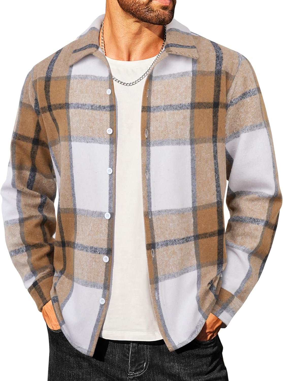 Men's Flannel Shirts Casual Button Down Plaid Shirt Jacket Long Sleeve Fleece Shacket