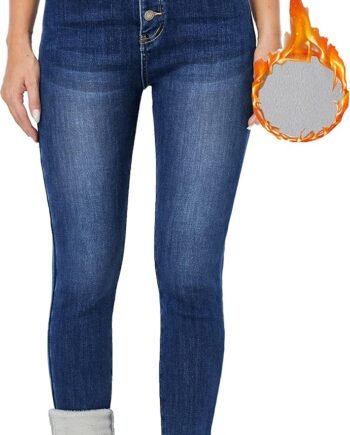 Fleece Lined Jeans Women's Winter Thermal Jeans Flannel Lined Skinny Denim Jeans 4 Buttons