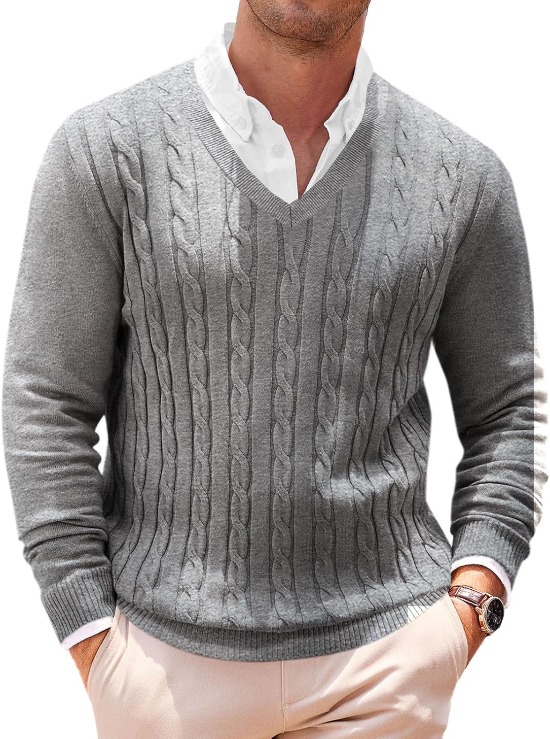 Mens V Neck Sweater Cable Knit Long Sleeve Casual Ribbed Twisted Pullover Sweaters