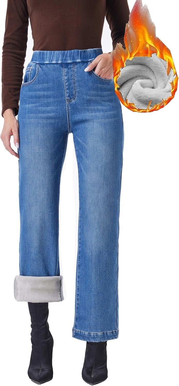 Women's Winter Jeans Pull On Wide Leg Baggy Fleece Lined Jeans Thermal Flannel Lined Jean